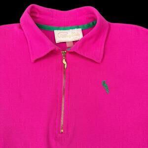 Pappagallo Womens Hot Pink Polo Top Sz L Short Sleeve 1/4 Zip Parrot Resort
